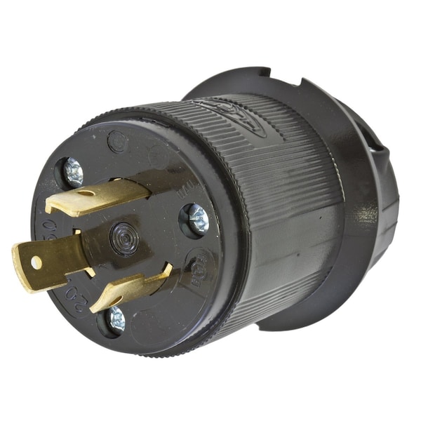 Locking Plug, L6-20P, 20 A, 250V AC, Single Phase, 2 Pole, Screw Terminals, Black